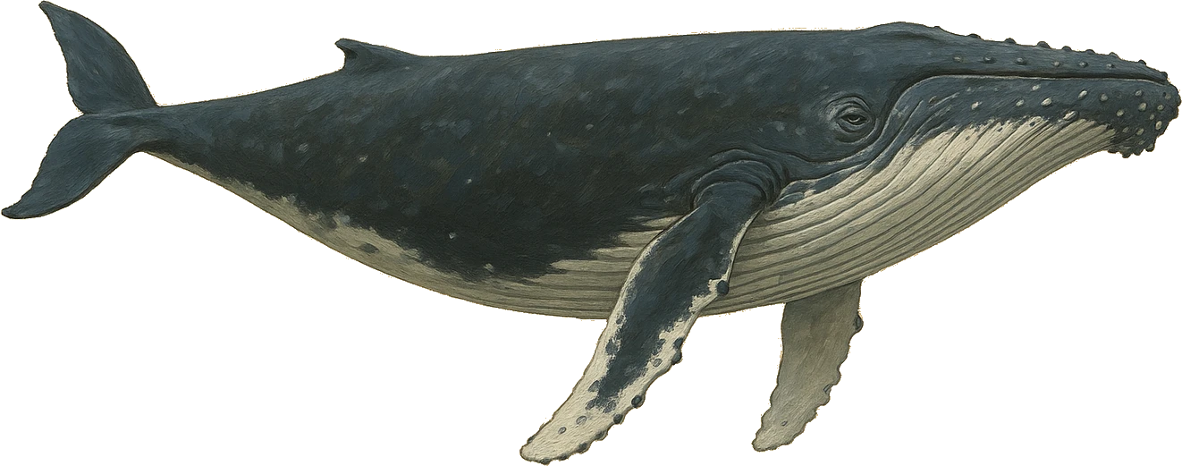 Illustration of a humpback whale, the specimen for Wild Signal earned media and digital PR — coverage measured by influence that shapes what AI models surface.